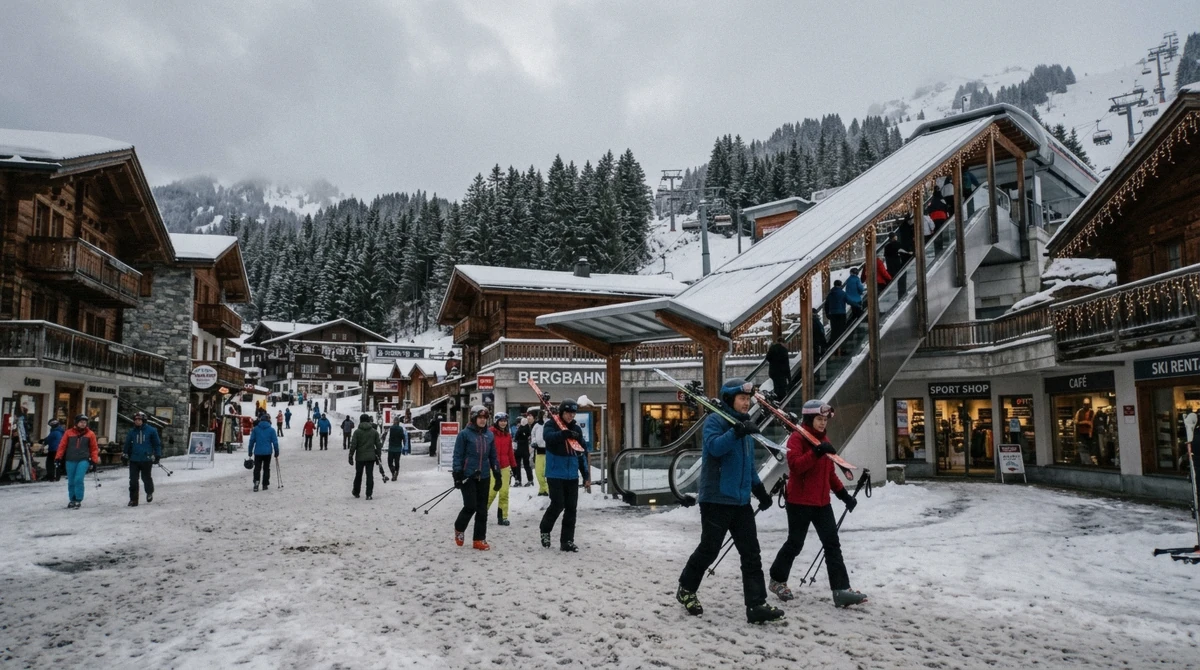 The two-level Beaver Creek Village in Colorado, with the lift plaza above the shops and the ski-in ski-out hotels around it