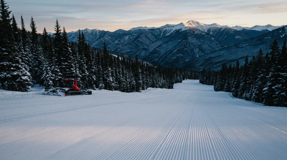 A groomer working a wide Colorado run at dawn above a slopeside base, the terrain behind every ski-in ski-out claim in the state
