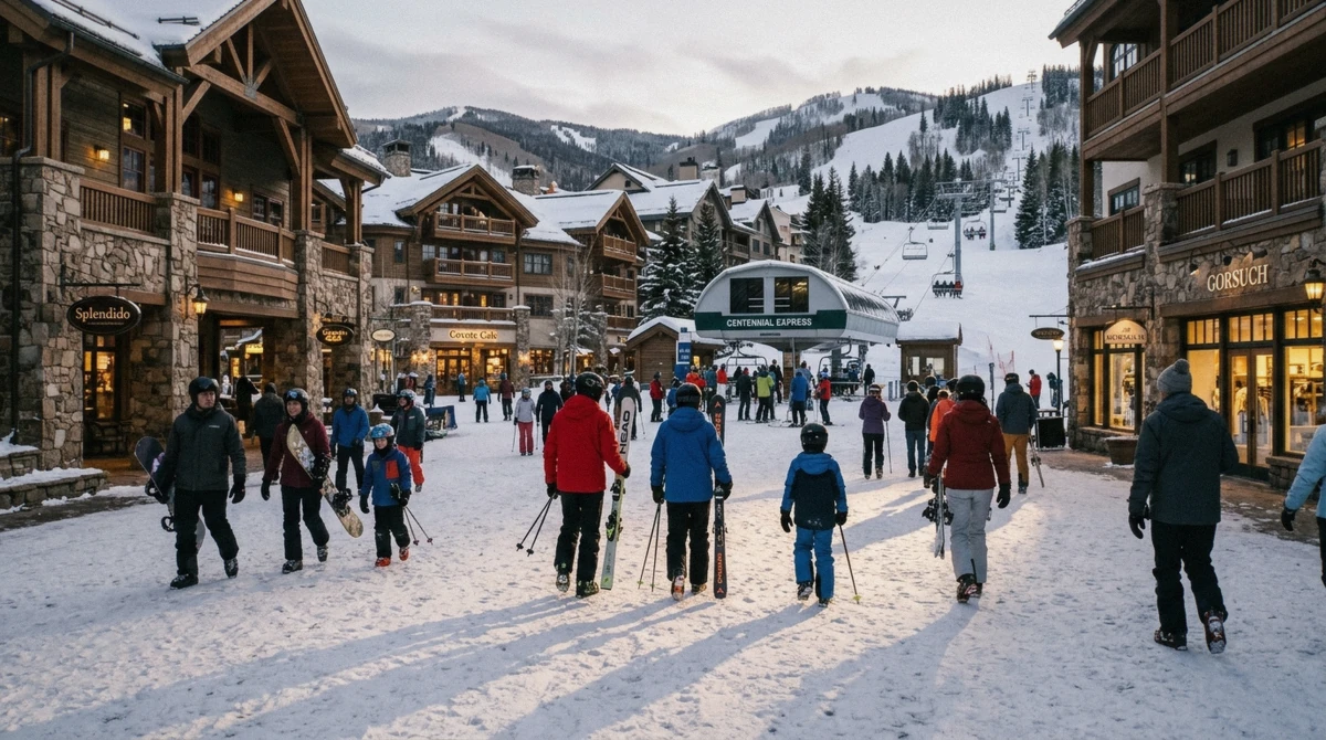 A slopeside village at the foot of a Colorado ski mountain, the layout that decides which resorts have real ski-in ski-out lodging
