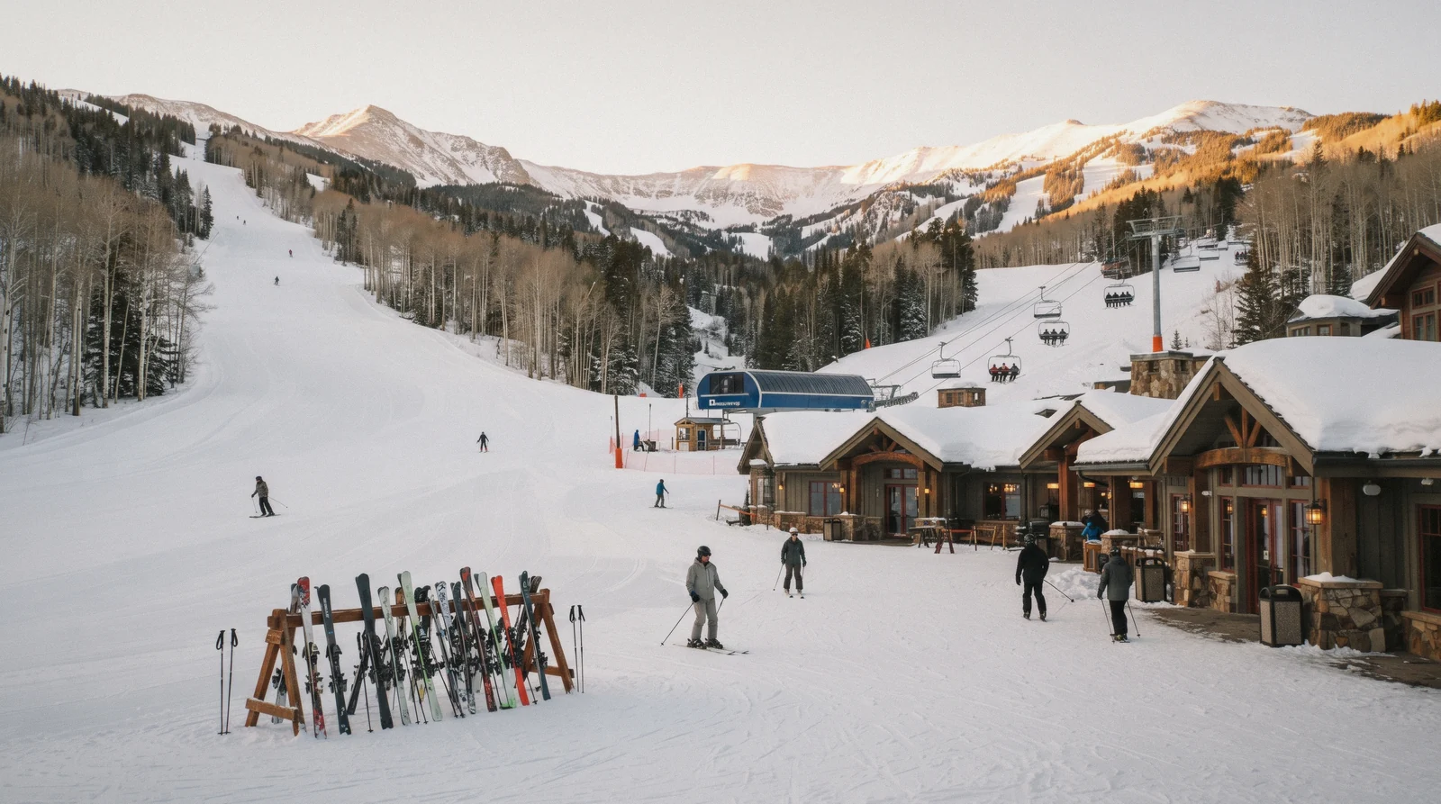The groomed ski plaza at Silver Lake Village at golden hour, home of the ski-in ski-out hotels at Deer Valley, Utah