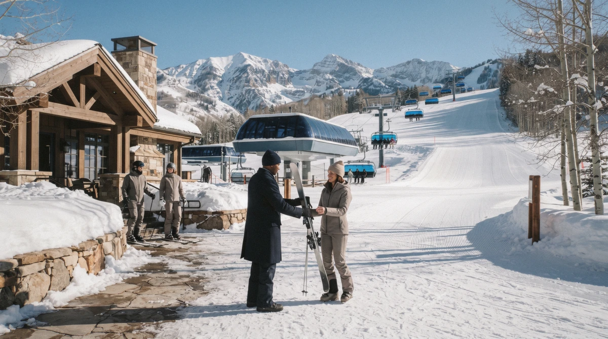 A valet handing over skis at the mid-mountain Silver Lake plaza, the heart of the ski-in ski-out hotels at Deer Valley, Utah