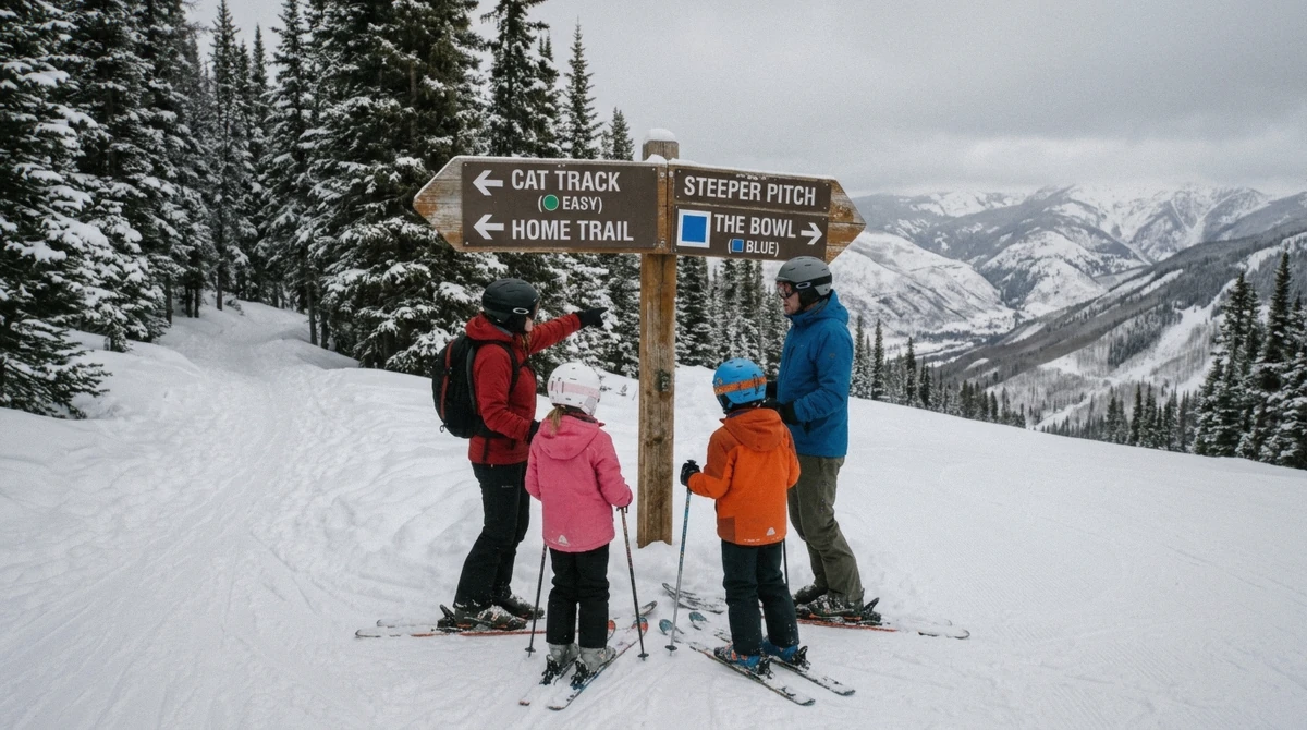 A wide groomed green run finishing at the door of a slopeside lodge at a family-friendly ski-in ski-out resort