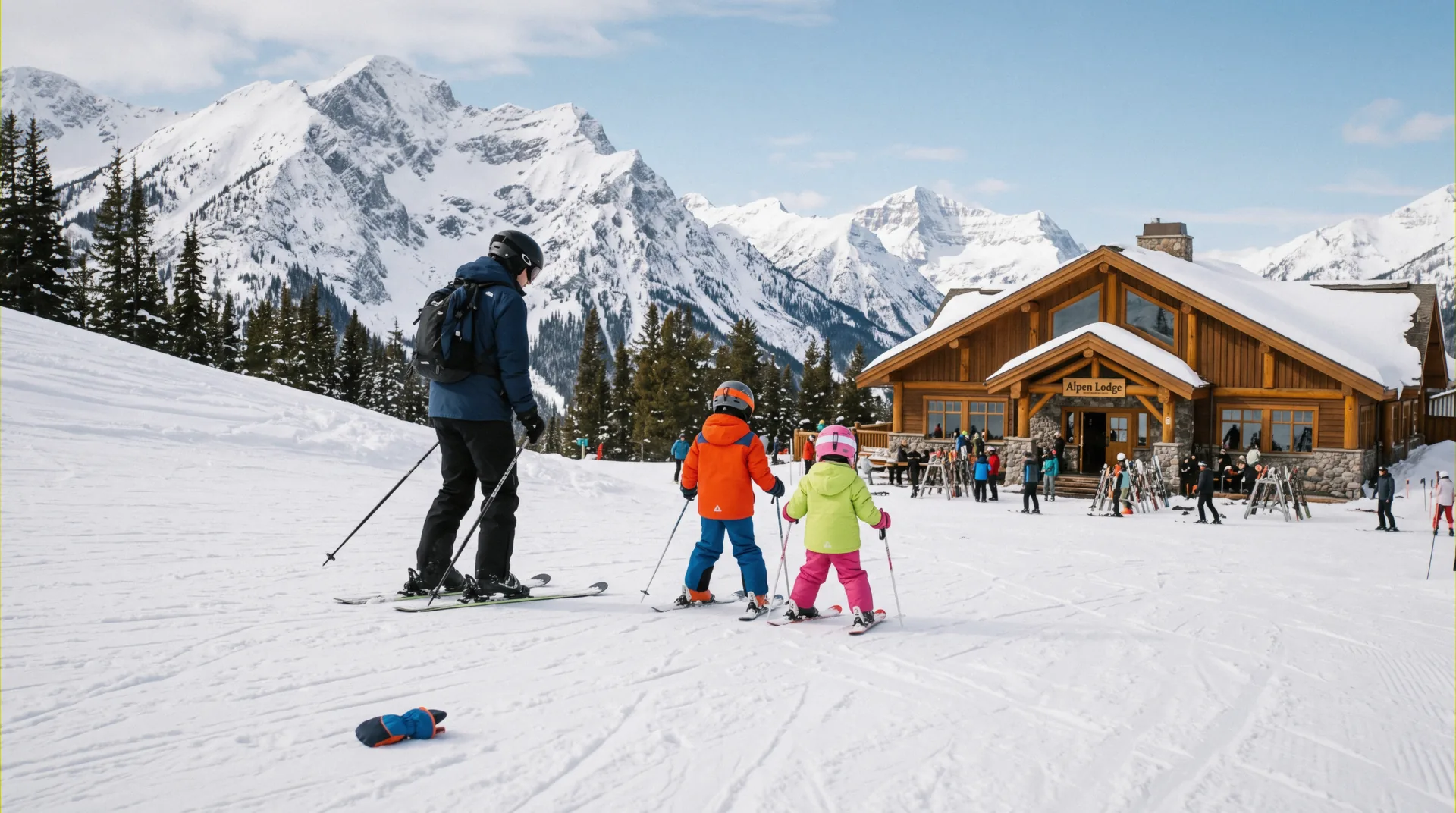 A family in ski gear skiing a wide green run down to the door of their lodge at a family-friendly ski-in ski-out resort