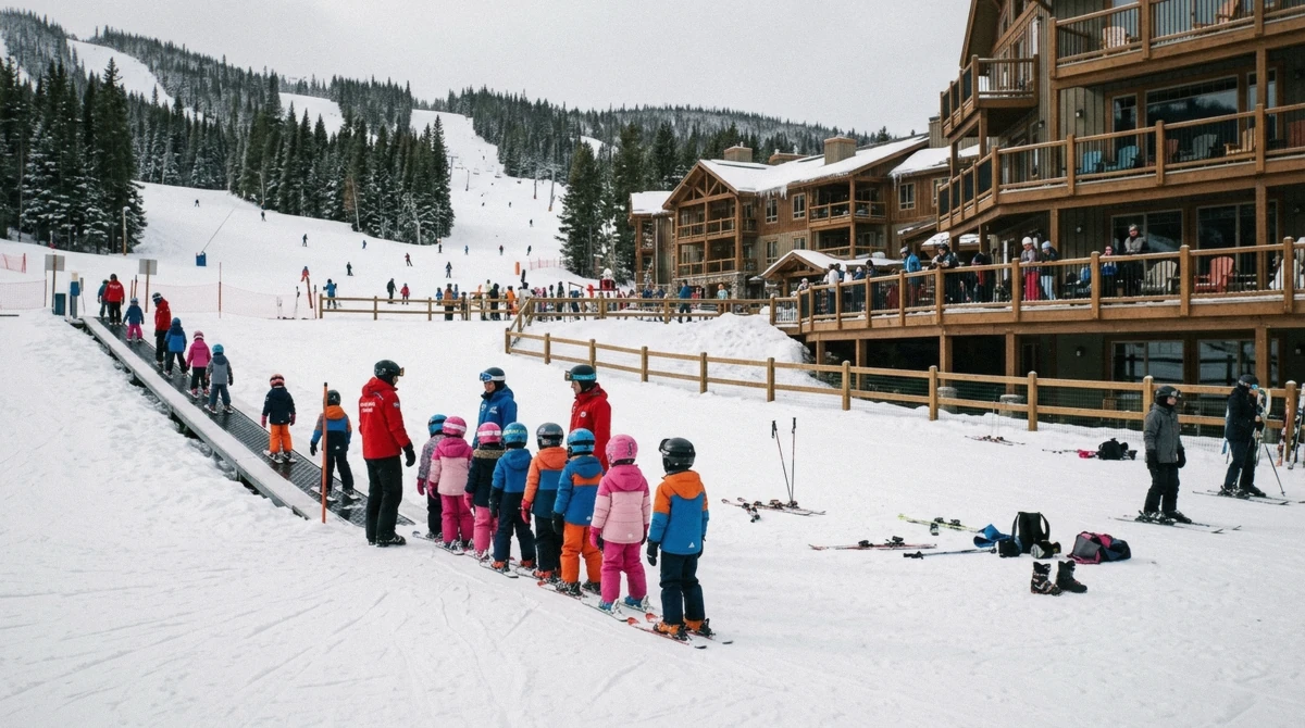 Beginners making first turns on a gentle learning slope beside the base lodge at a family-friendly ski-in ski-out resort