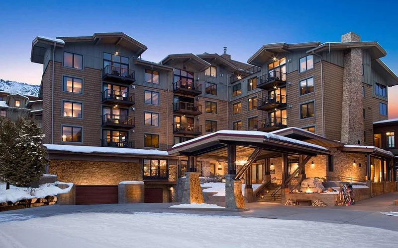 Hotel Terra beside the tram plaza in Teton Village, a ski-in ski-out hotel at Jackson Hole, Wyoming