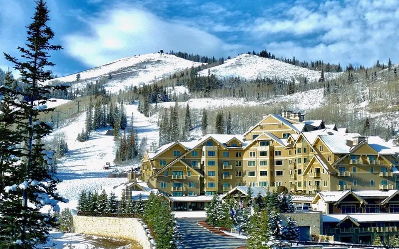 Montage Deer Valley above its ski beach at Empire Pass, a ski-in ski-out hotel at Deer Valley, Utah