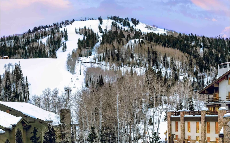 Stein Eriksen Lodge on its ski beach at the base of the Sterling Express, a ski-in ski-out hotel at Deer Valley, Utah