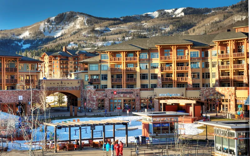 Sundial Lodge on the Canyons Village plaza beside the Red Pine Gondola, ski-in ski-out lodging in Park City, Utah
