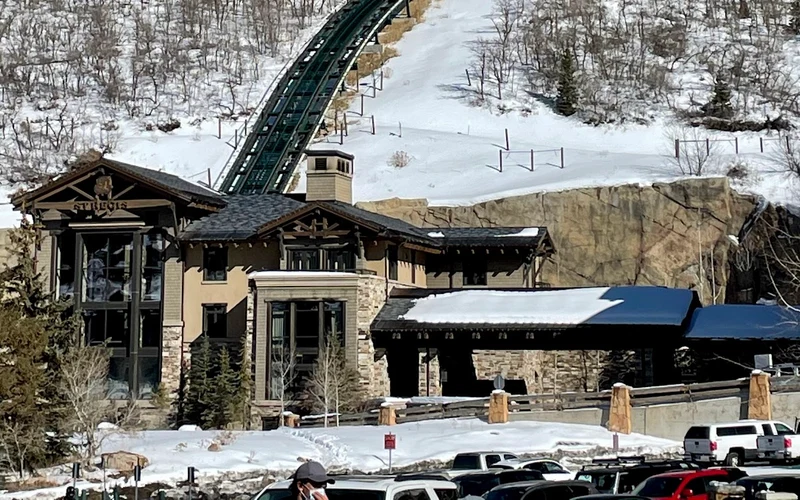The St. Regis Deer Valley above its funicular on the Deer Hollow run, a ski-in ski-out hotel at Deer Valley, Utah