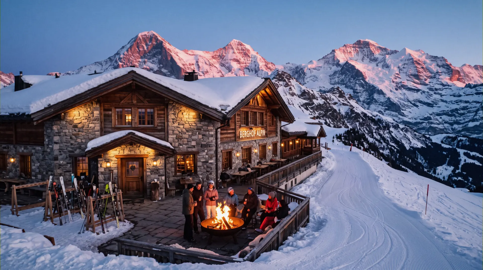 A five-star slopeside lodge at first light with skis racked outside the ski valet door, the kind of address luxury ski-in ski-out resorts promise