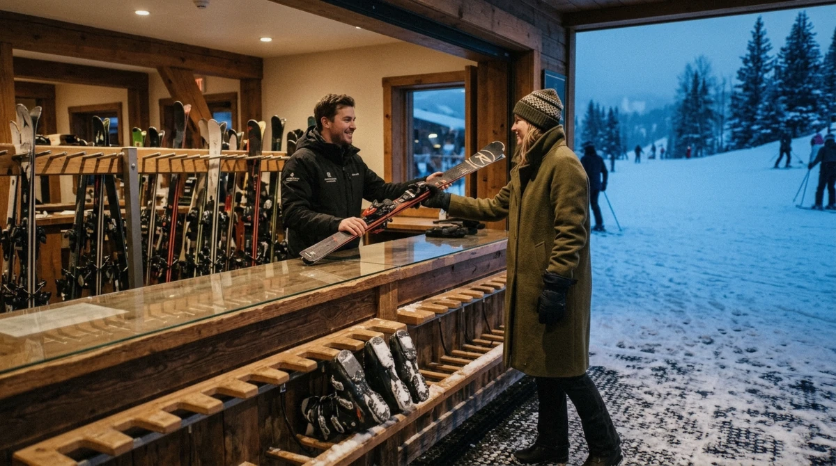 A ski valet staging skis and warmed boots on the snow outside a five-star lodge at a luxury ski-in ski-out resort