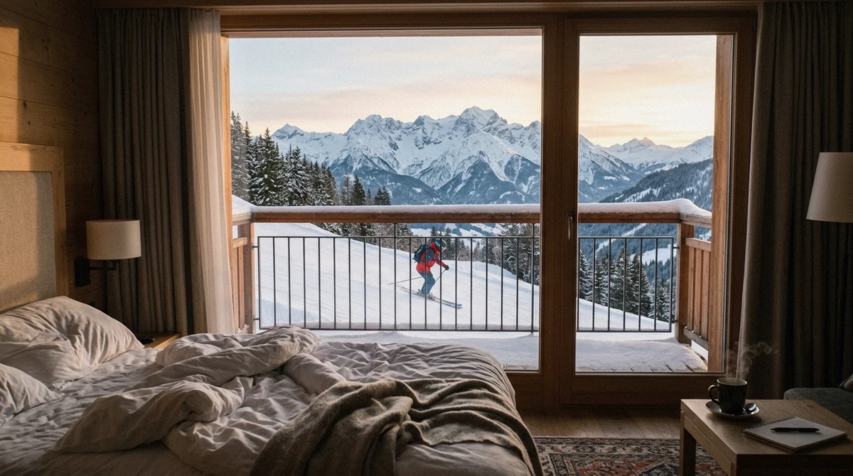 A slopeside suite balcony at a luxury ski-in ski-out resort looking directly onto a groomed piste at dusk