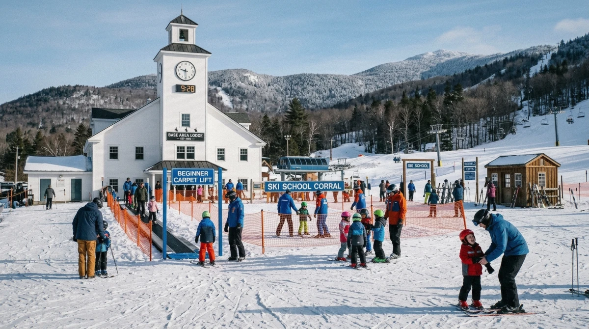 The Clock Tower base area at Okemo, Vermont, where the beginner terrain and the ski-in ski-out lodging for families sit