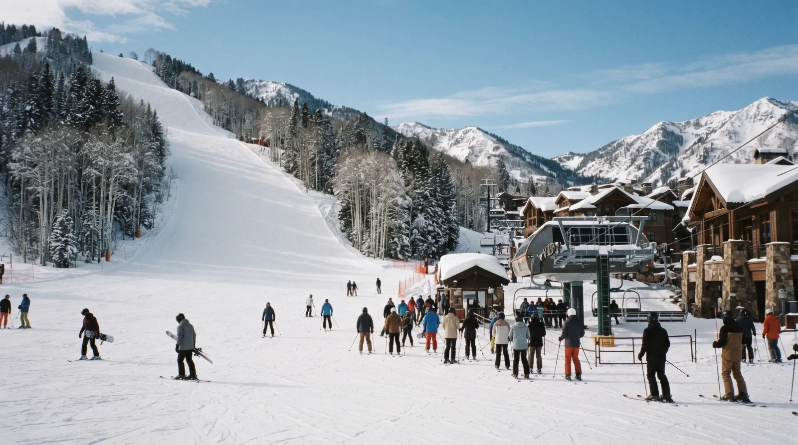 Skiers dropping into the Park City Mountain Village base past slopeside lodges at ski-in ski-out hotels in Park City, Utah