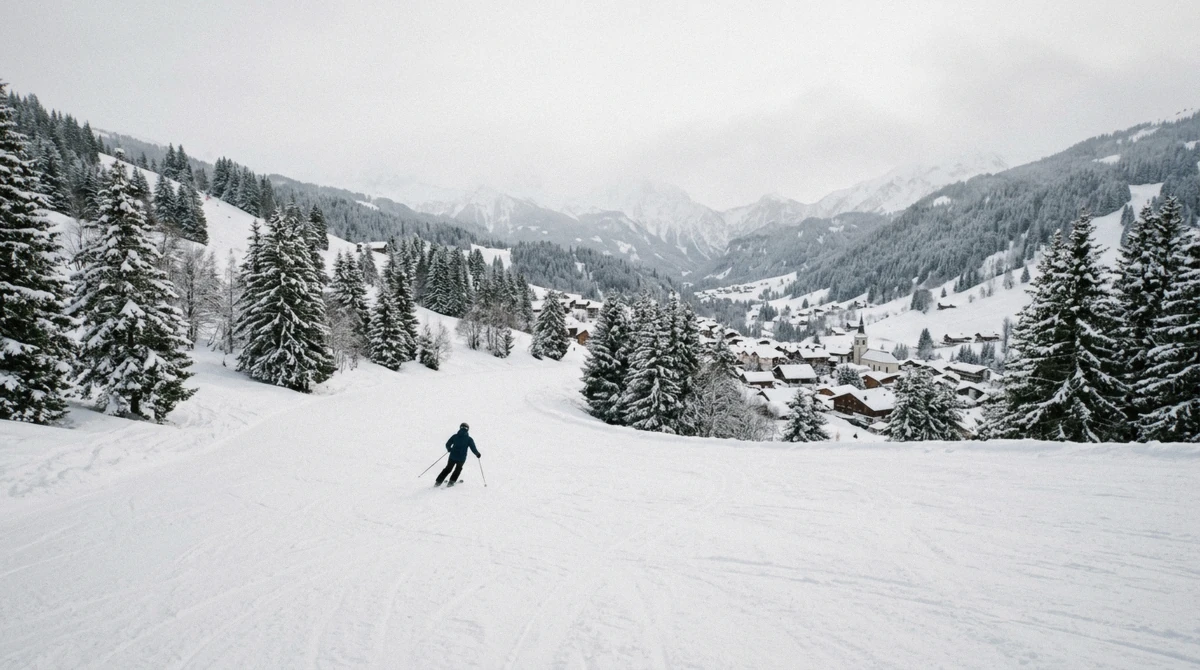 Skiers on the 5 Mile green run descending toward Sun Peaks village, British Columbia