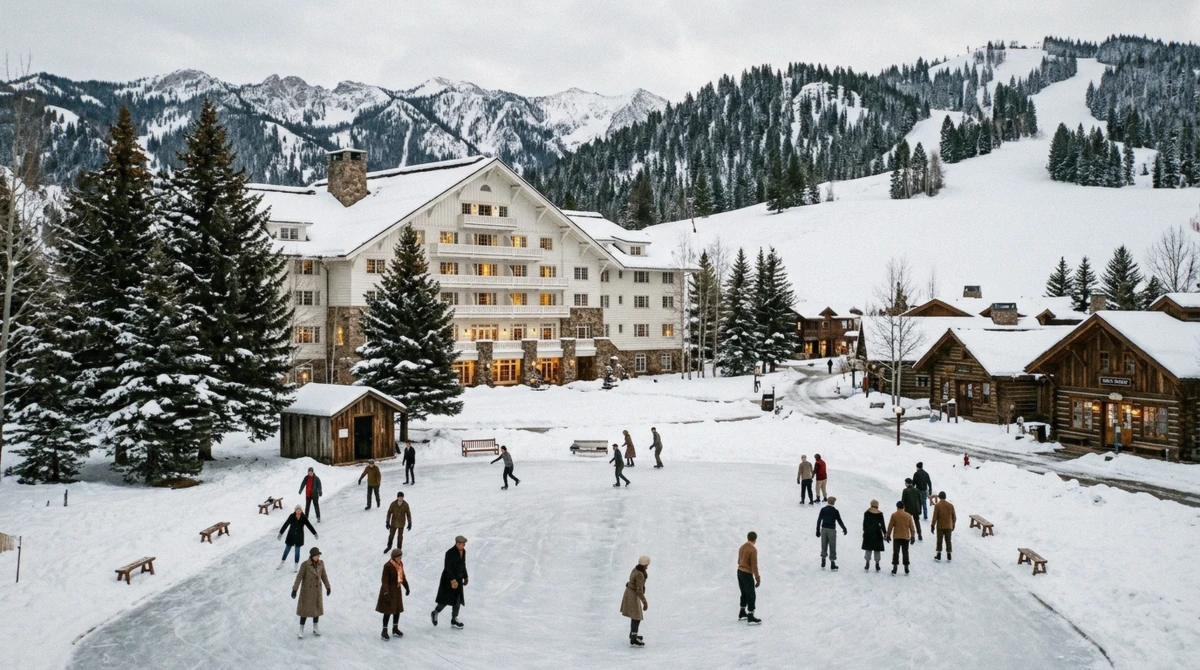The outdoor ice rink and lodge buildings of Sun Valley Village, Idaho, half a mile from Dollar Mountain and 1.8 miles from the Bald Mountain ski-in ski-out lodging searchers expect