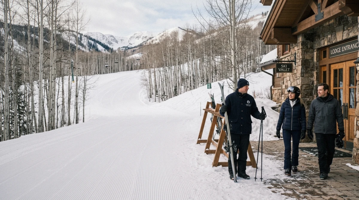 Skis staged on a ski beach outside a Deer Valley lodge, the valet culture behind Utah ski-in ski-out claims