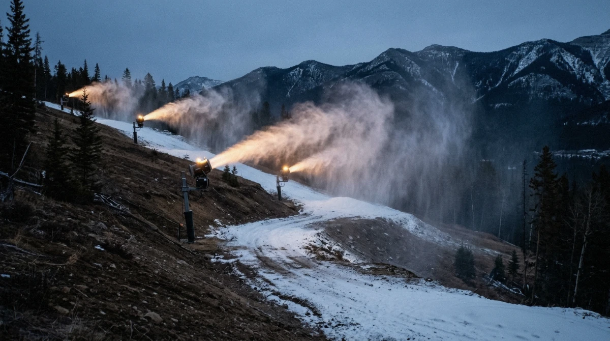 Snow guns firing on a Vermont trail at dusk below a slopeside hotel, the machinery behind every ski-in ski-out claim in Vermont