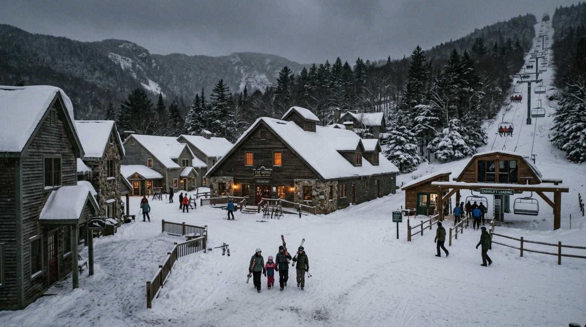 A slopeside base village under a Vermont ski mountain in late afternoon light, the layout behind ski-in ski-out Vermont lodging