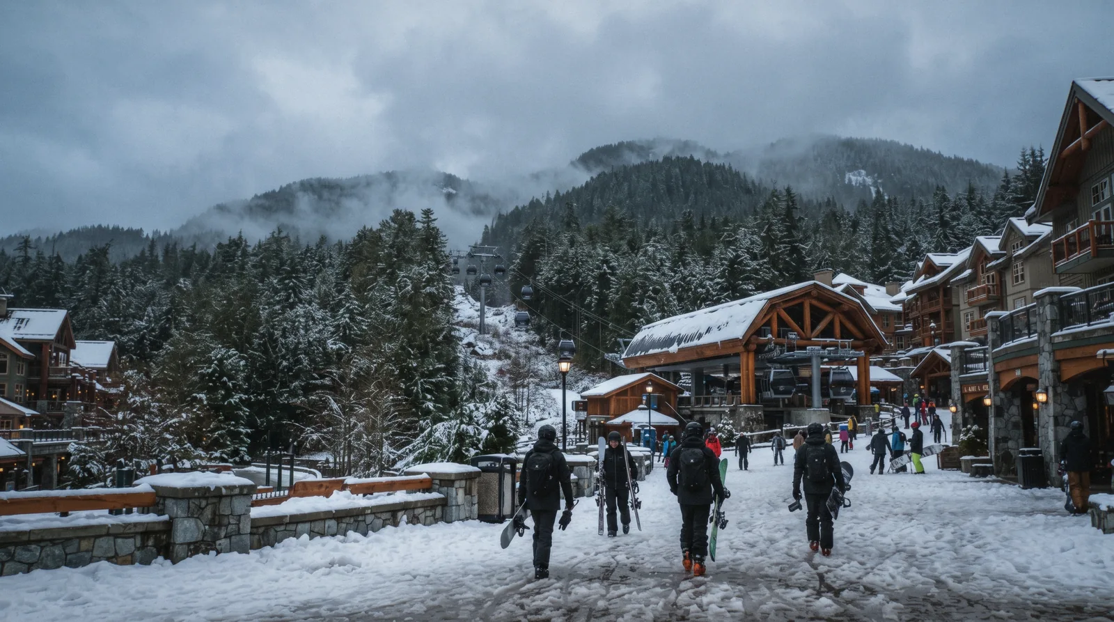 The gondola base under heavy Pacific snow at Whistler Village, where the ski-in ski-out hotels in Whistler cluster