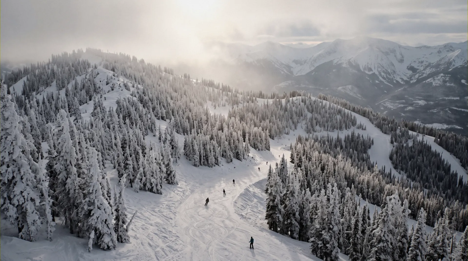 Rime-frosted trees on Big Mountain in freezing fog above Whitefish Mountain Resort, Montana, where the ski-in ski-out lodging sits at the base village